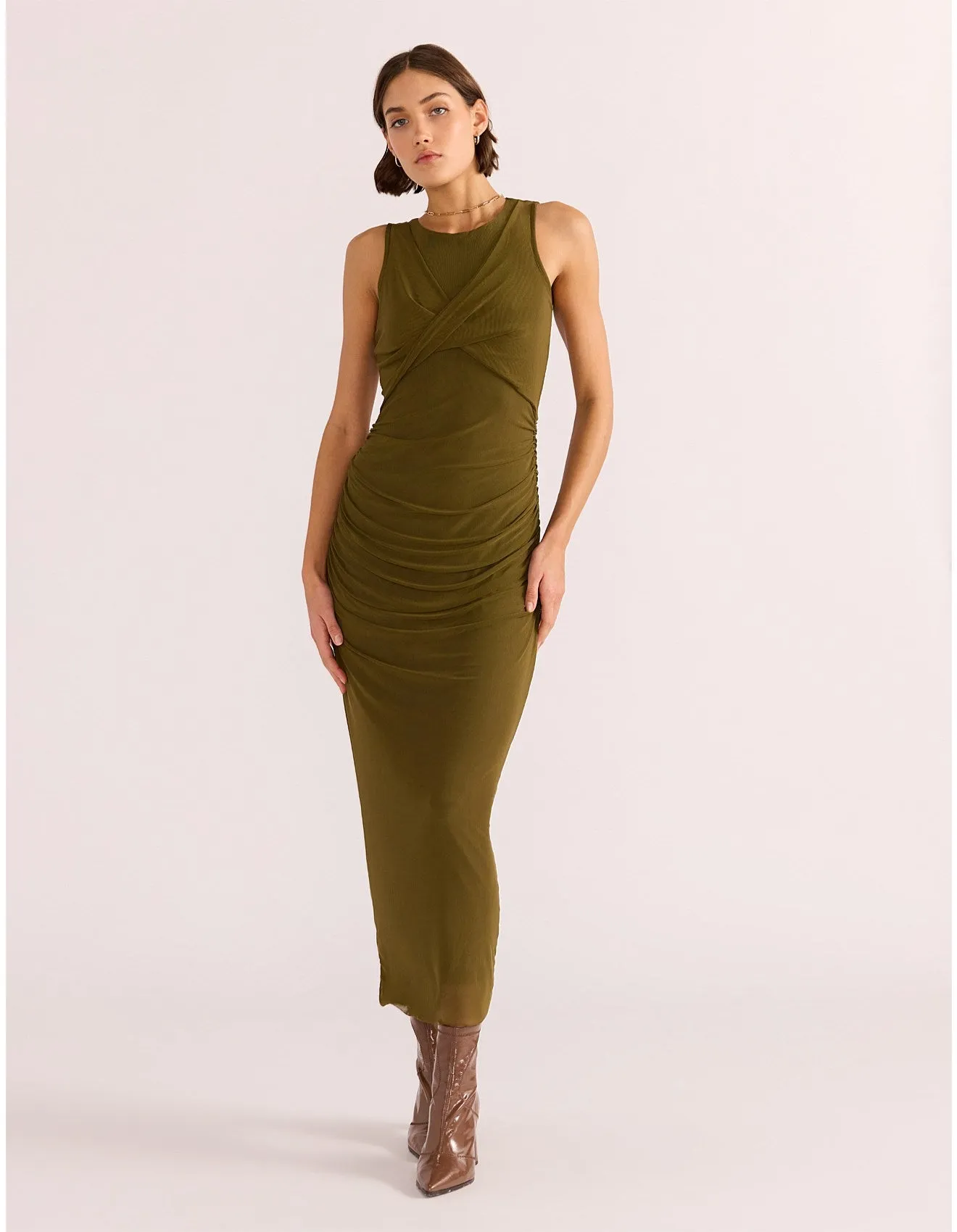 MINKPINK ELODIE MESH MIDI DRESS KHAKI