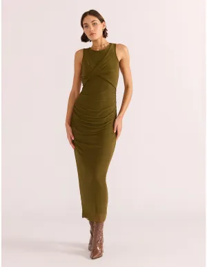 MINKPINK ELODIE MESH MIDI DRESS KHAKI
