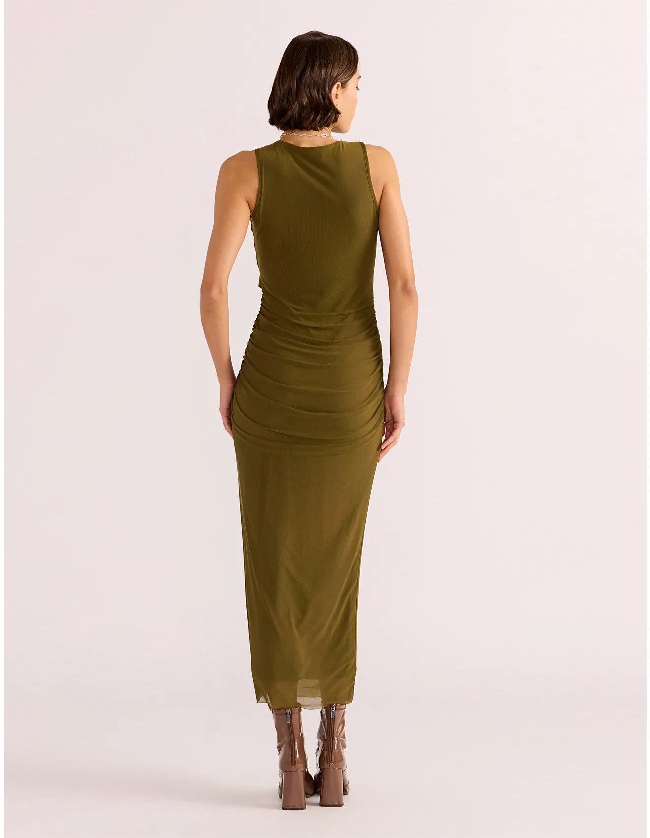 MINKPINK ELODIE MESH MIDI DRESS KHAKI