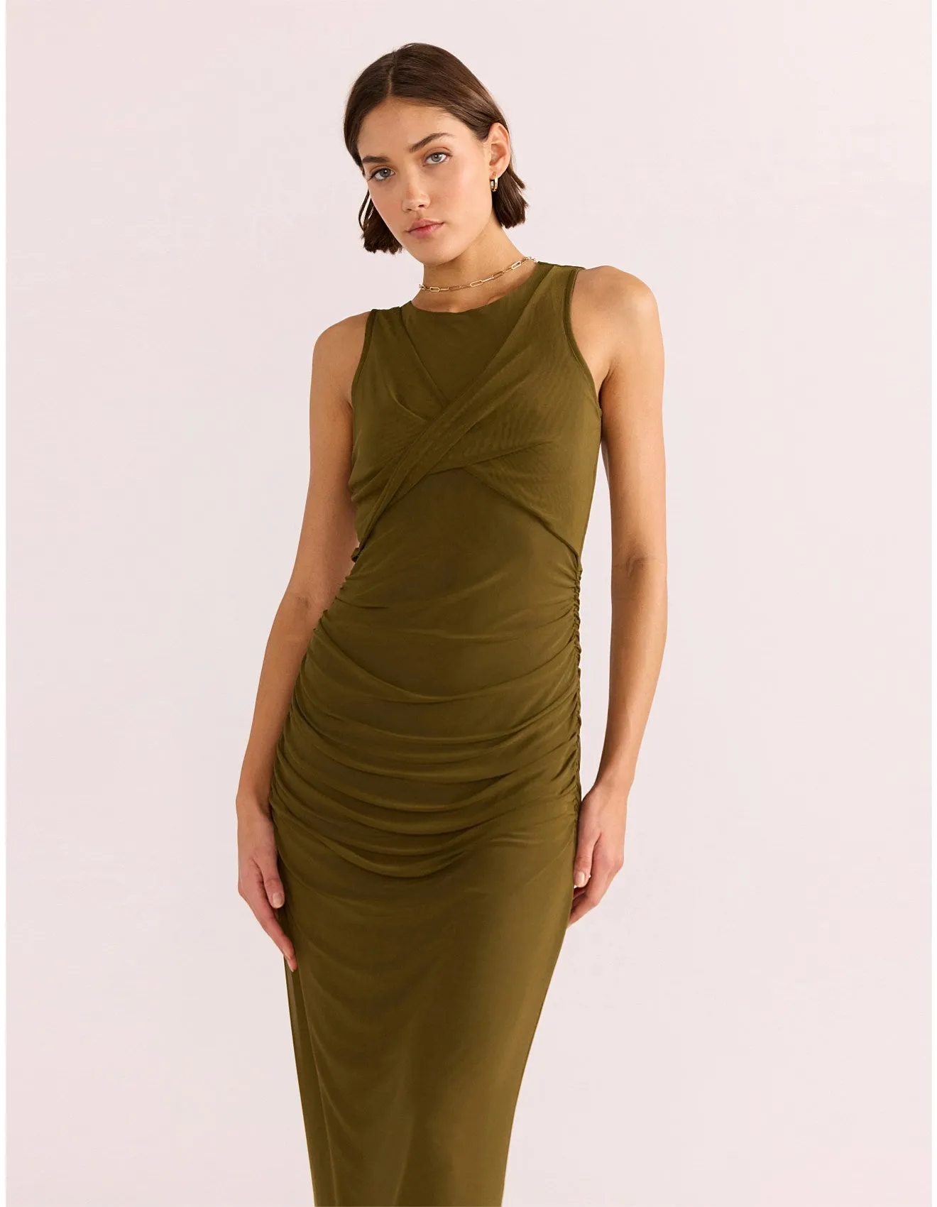 MINKPINK ELODIE MESH MIDI DRESS KHAKI