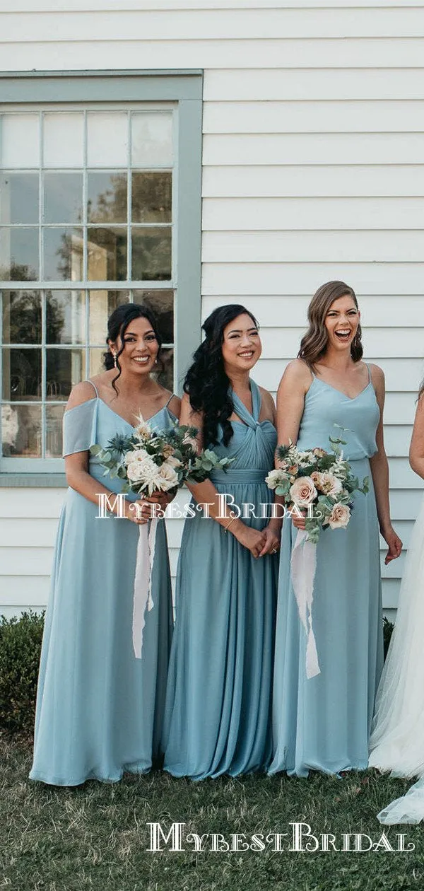 Mismatched Blue Chiffon A-line Long Cheap Bridesmaid Dresses, BDS0093