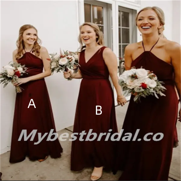 Mismatched Burgundy V-neck Halter A-line Long Bridesmaid Dresses,BDS0184