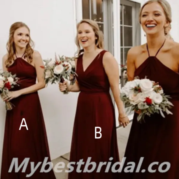 Mismatched Burgundy V-neck Halter A-line Long Bridesmaid Dresses,BDS0184