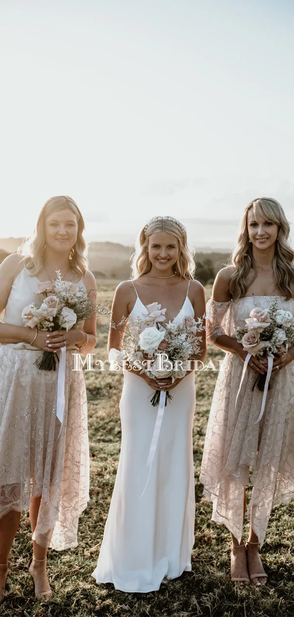 Mismatched Ivory Lace A-line Long Cheap Bridesmaid Dresses, BDS0100
