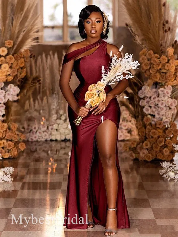 Mismatched One Shoulder Sleeveless Side Slit Mermaid Bridesmaid  Dressess, BDS0380