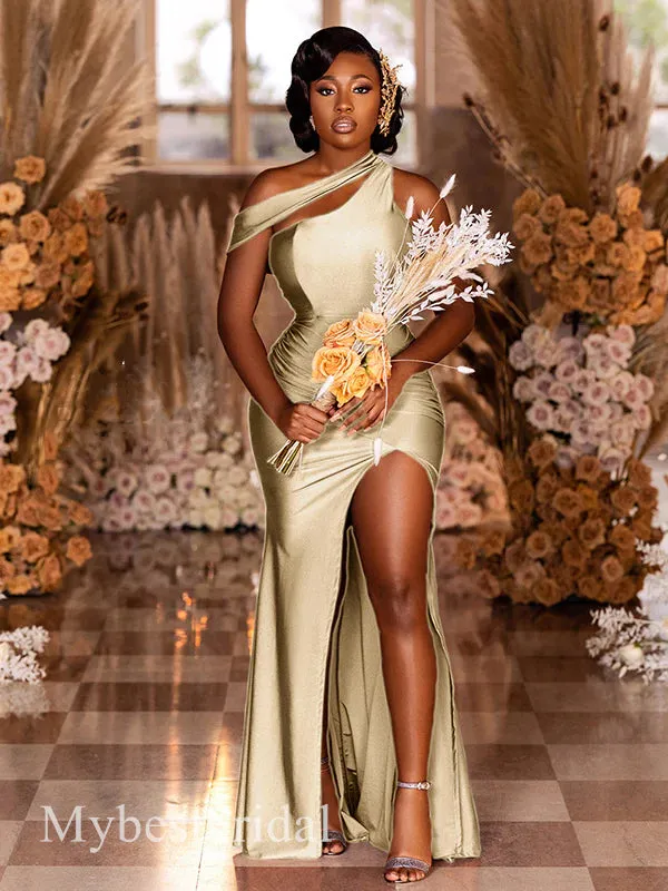 Mismatched Sleeveless One Shoulder Side Slit Mermaid Bridesmaid  Dressess, BDS0382