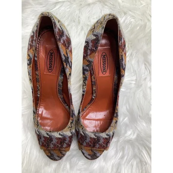 Missoni Earth Tone Signature Print Platform Stiletto Sexy Peep Toe Heels 8 38.5