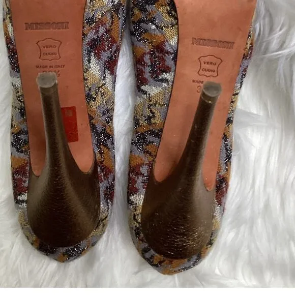 Missoni Earth Tone Signature Print Platform Stiletto Sexy Peep Toe Heels 8 38.5