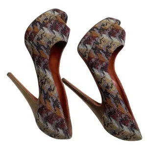 Missoni Earth Tone Signature Print Platform Stiletto Sexy Peep Toe Heels 8 38.5