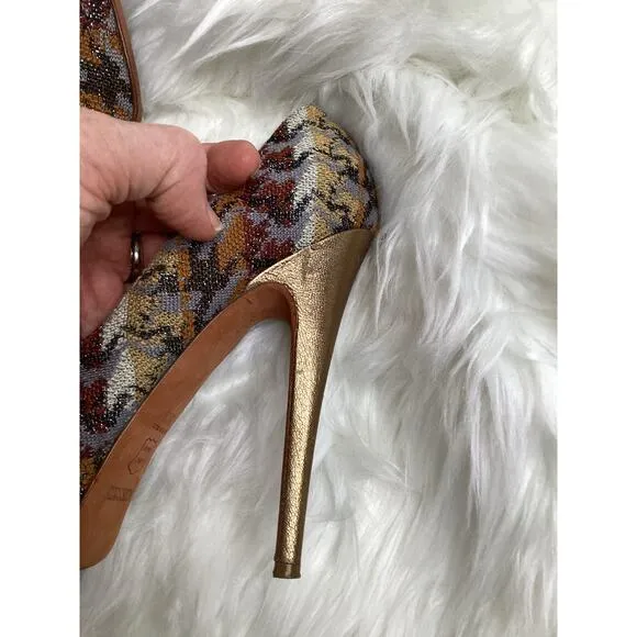 Missoni Earth Tone Signature Print Platform Stiletto Sexy Peep Toe Heels 8 38.5