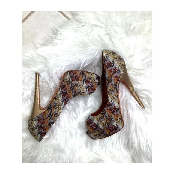 Missoni Earth Tone Signature Print Platform Stiletto Sexy Peep Toe Heels 8 38.5