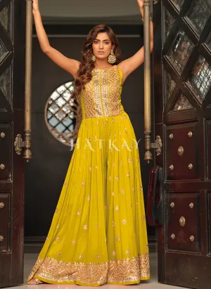 Neon Yellow Traditional Embroidered Flared Jumpsuit