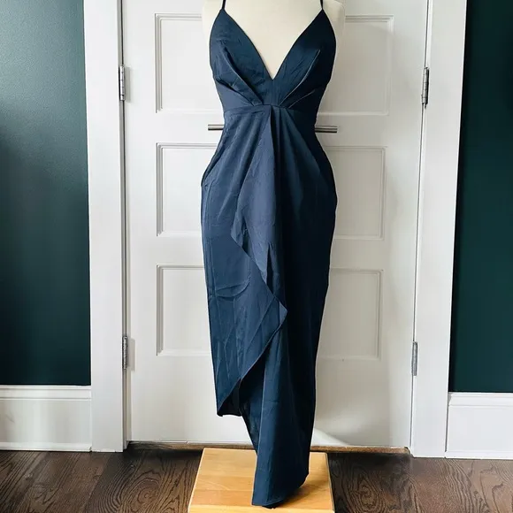 NEW Navy Blue Satin Ruffled Dress - Elegant &amp; Flowy