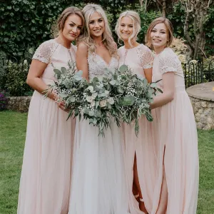 Newest Round Neck Pink Tulle Short Sleeve Long Cheap Bridesmaid Dresses, BDS0126