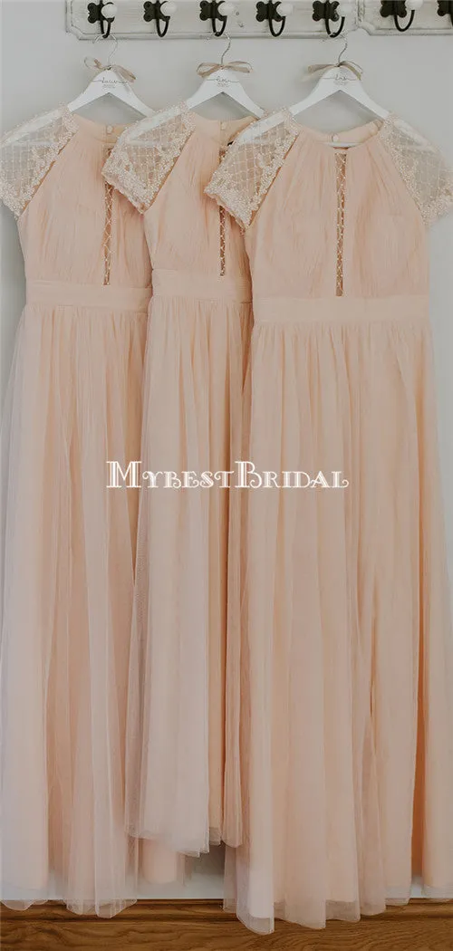 Newest Round Neck Pink Tulle Short Sleeve Long Cheap Bridesmaid Dresses, BDS0126