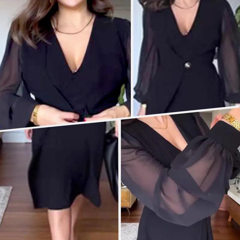 🥰Nytt år, nya kläder🥰Elegant klänning med V-ringning och långa lanternärmar gjorda av nät för kvinnor