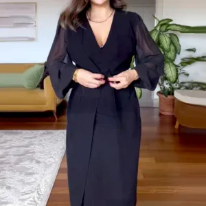 🥰Nytt år, nya kläder🥰Elegant klänning med V-ringning och långa lanternärmar gjorda av nät för kvinnor
