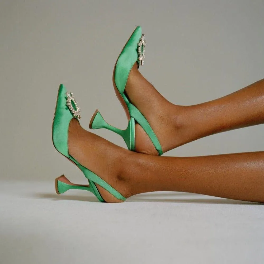 Obsessed Pointed Toe Crystal Brooch Heels