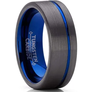 Olean Men's Blue Grooved Tungsten Wedding Band Gunmetal Brushed - 8mm