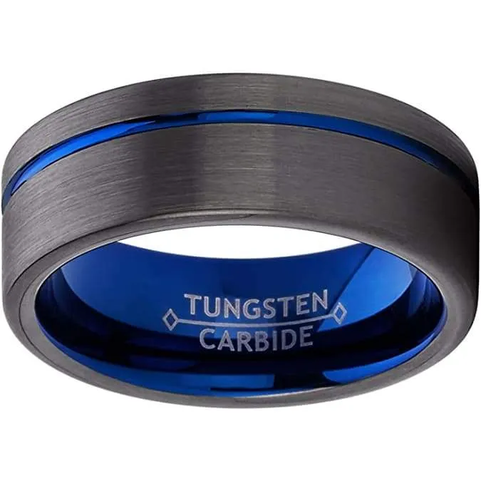 Olean Men's Blue Grooved Tungsten Wedding Band Gunmetal Brushed - 8mm
