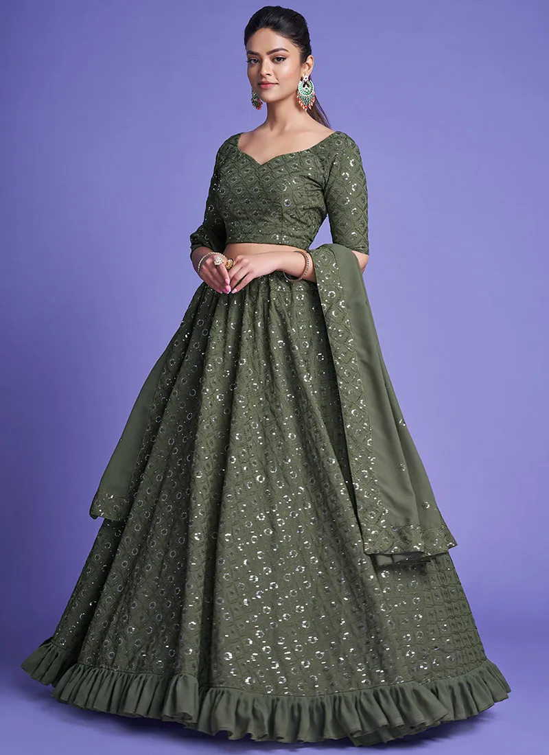 Olive Green Sequence Embroidery Wedding Lehenga Choli