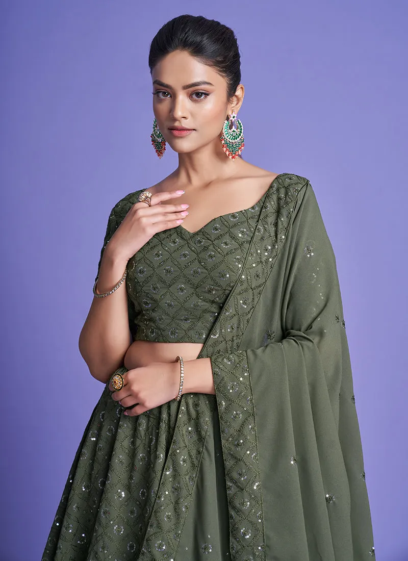 Olive Green Sequence Embroidery Wedding Lehenga Choli