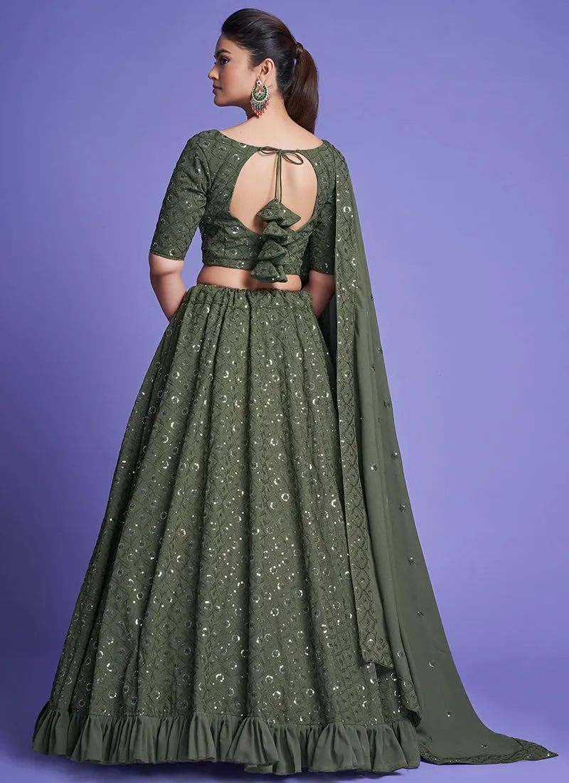 Olive Green Sequence Embroidery Wedding Lehenga Choli