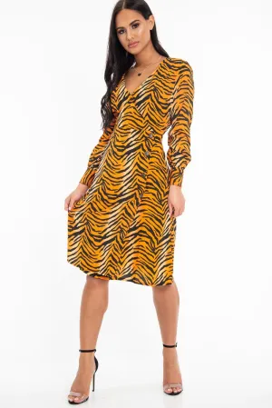 Orange Tiger Print Plunge Wrap Button Front Midi Dress - Bettie