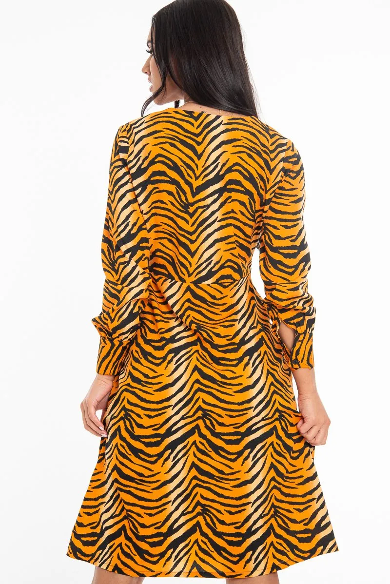 Orange Tiger Print Plunge Wrap Button Front Midi Dress - Bettie