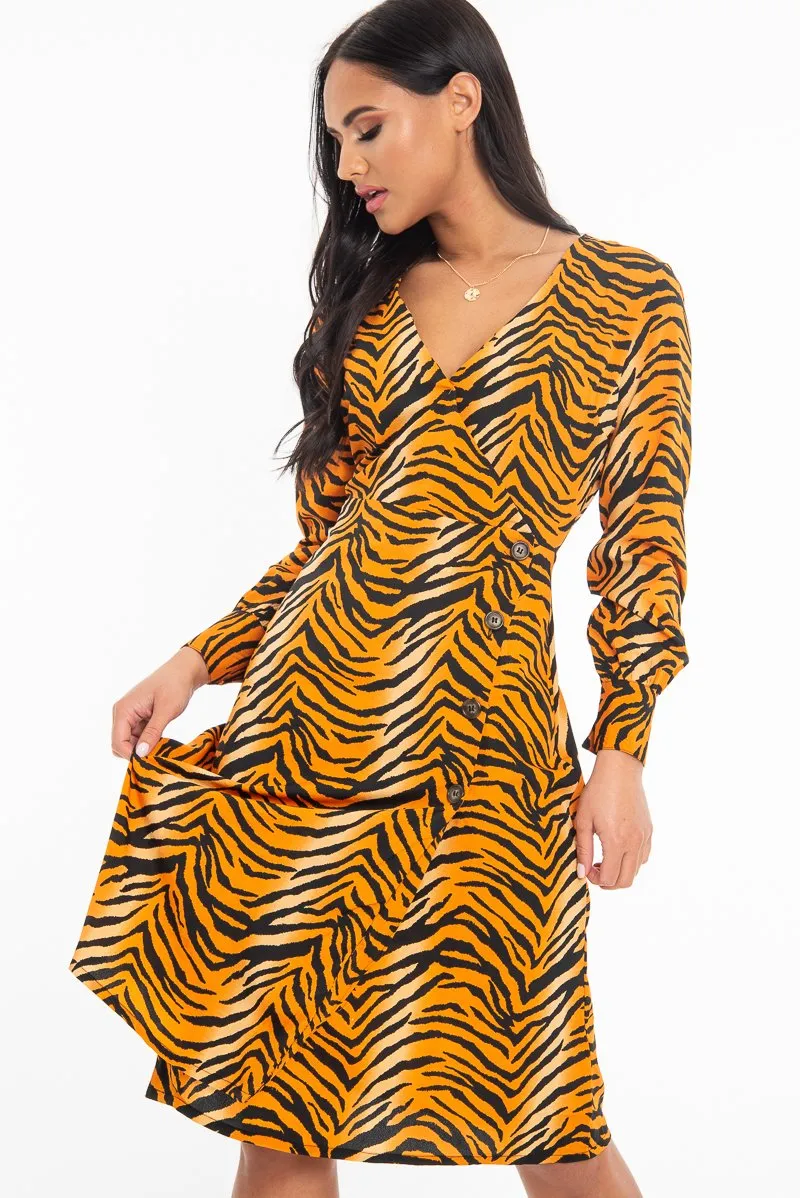 Orange Tiger Print Plunge Wrap Button Front Midi Dress - Bettie