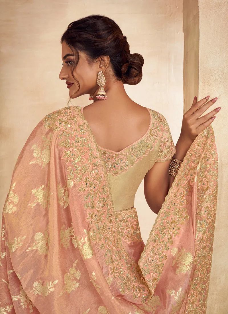 Peach Golden Embroidery Wedding Saree