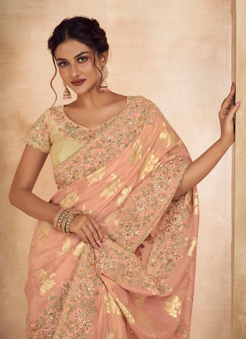 Peach Golden Embroidery Wedding Saree
