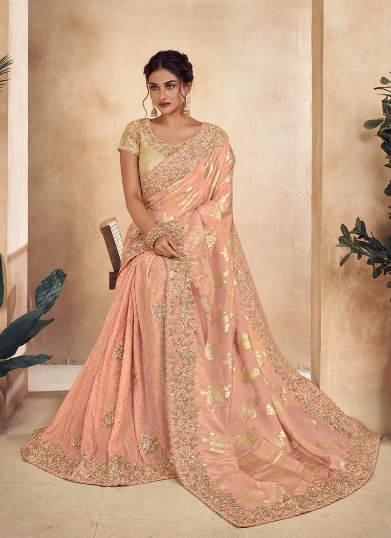 Peach Golden Embroidery Wedding Saree