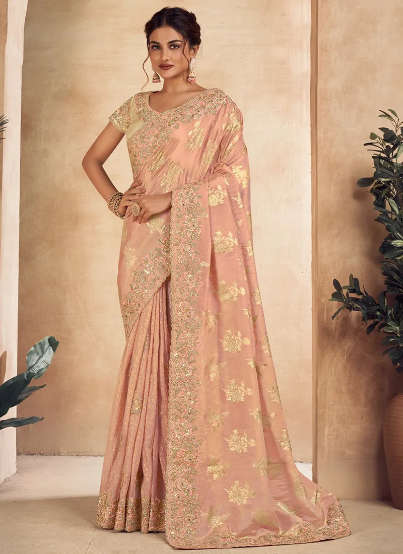 Peach Golden Embroidery Wedding Saree