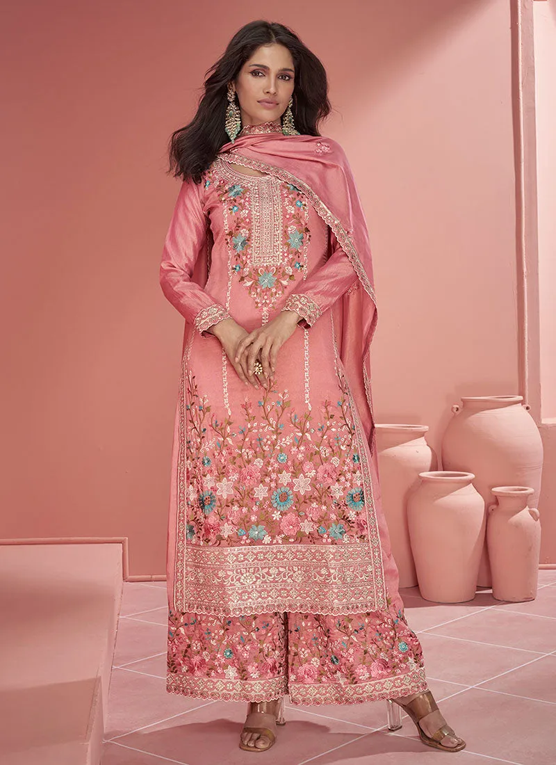 Peach Multi Floral Embroidery Silk Palazzo Suit
