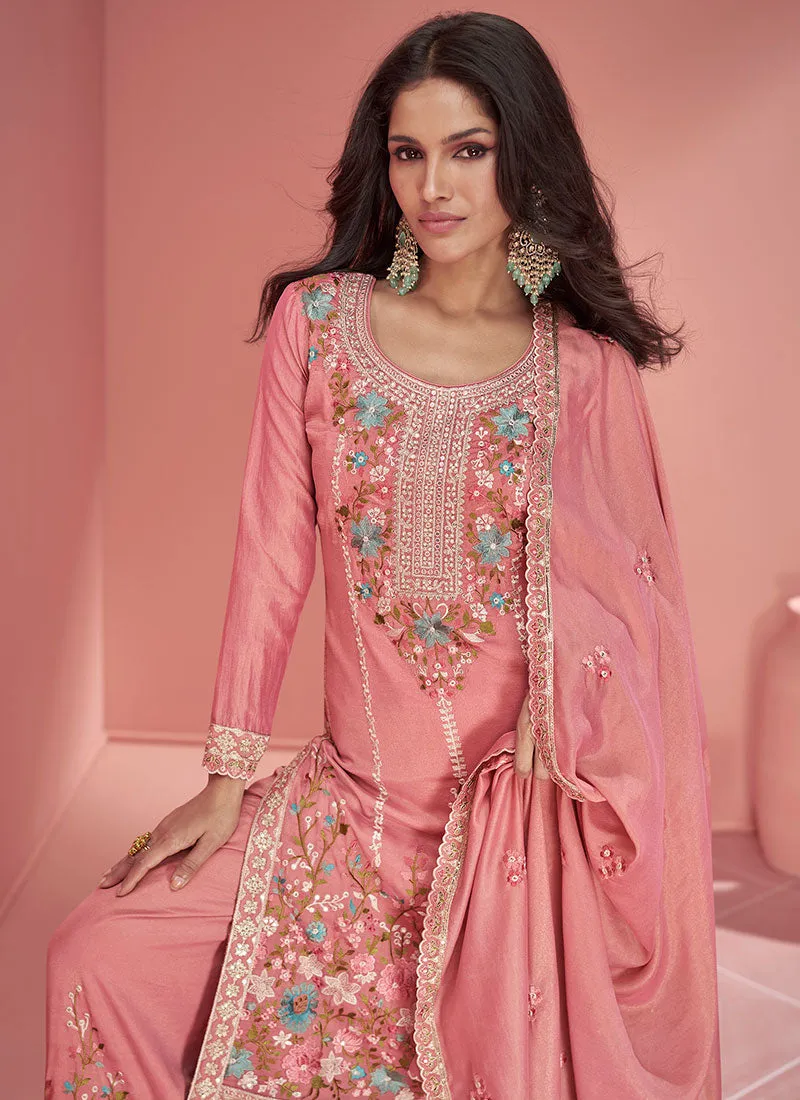 Peach Multi Floral Embroidery Silk Palazzo Suit