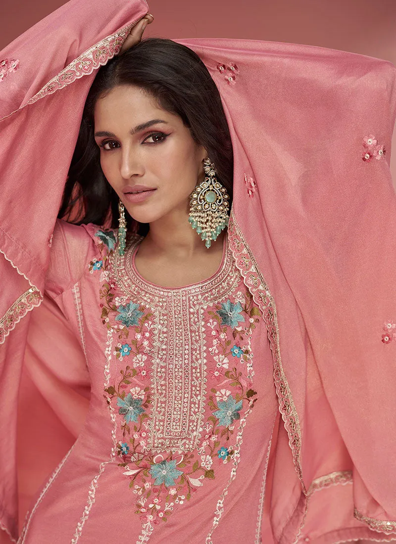 Peach Multi Floral Embroidery Silk Palazzo Suit