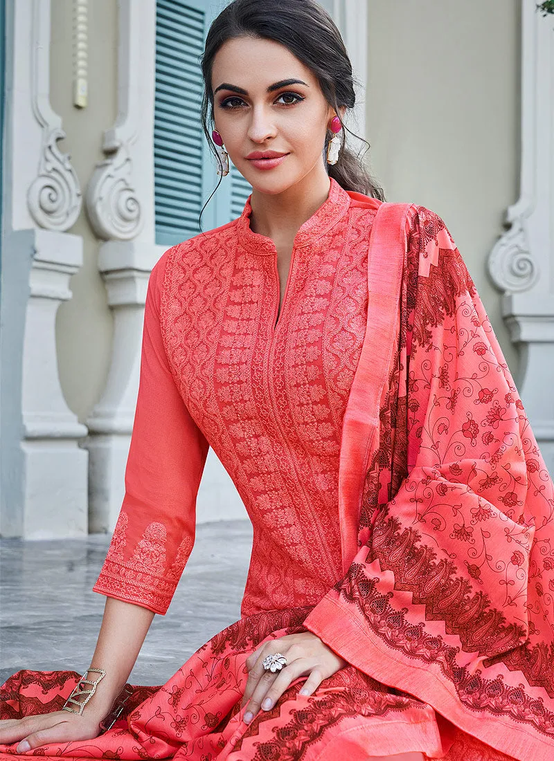 Peach Overall Lucknowi Embroidered Pants Suit