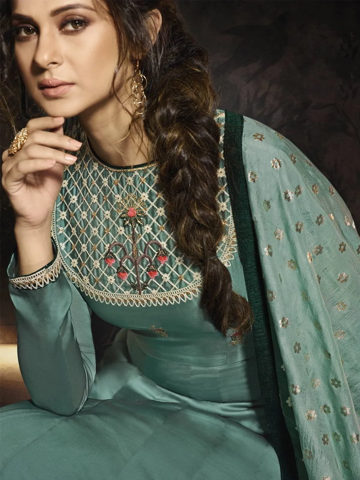 Peacock Green Zari Embroidered Party Wear Anarkali Suit
