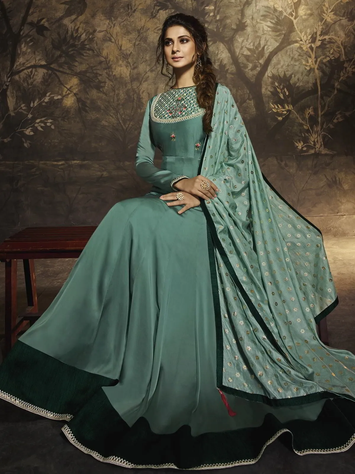 Peacock Green Zari Embroidered Party Wear Anarkali Suit