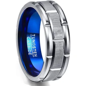 Perry Men's Brick Pattern Grooved Tungsten Ring Brushed Finish Blue Inside - 8mm