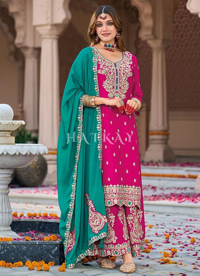 Pink And Green Embroidery Palazzo Suit