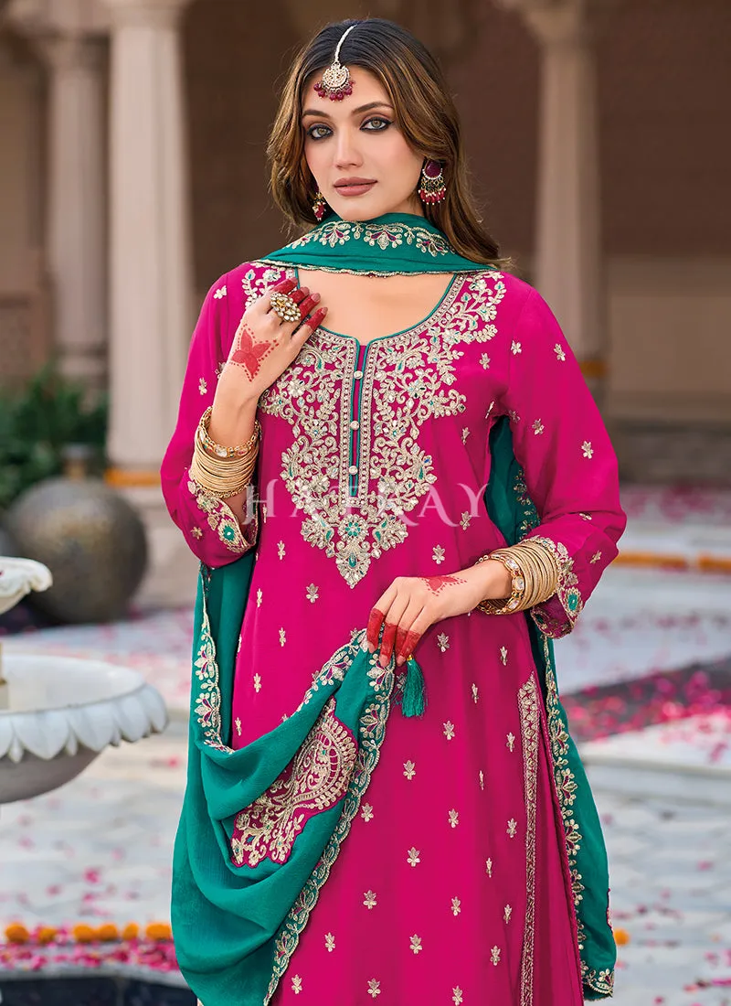 Pink And Green Embroidery Palazzo Suit