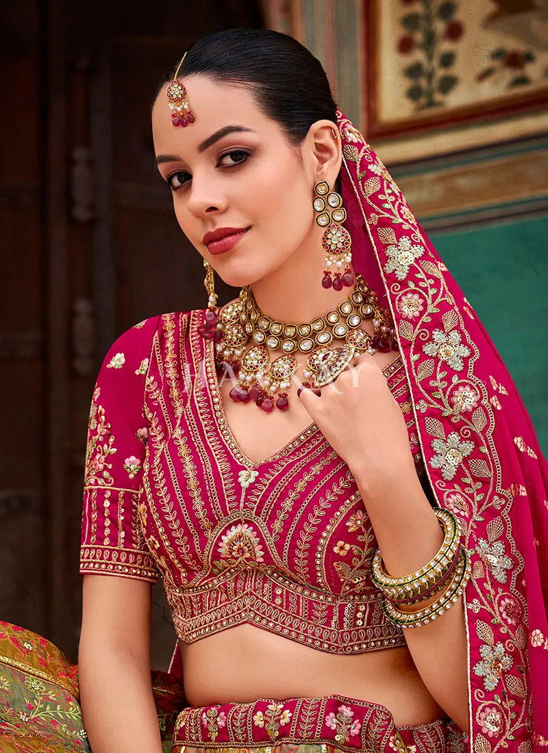 Pink And Yellow Embroidery Silk Lehenga Choli