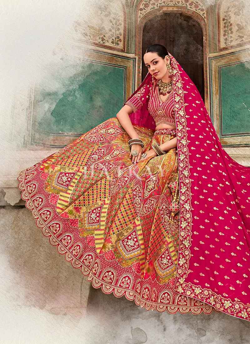 Pink And Yellow Embroidery Silk Lehenga Choli