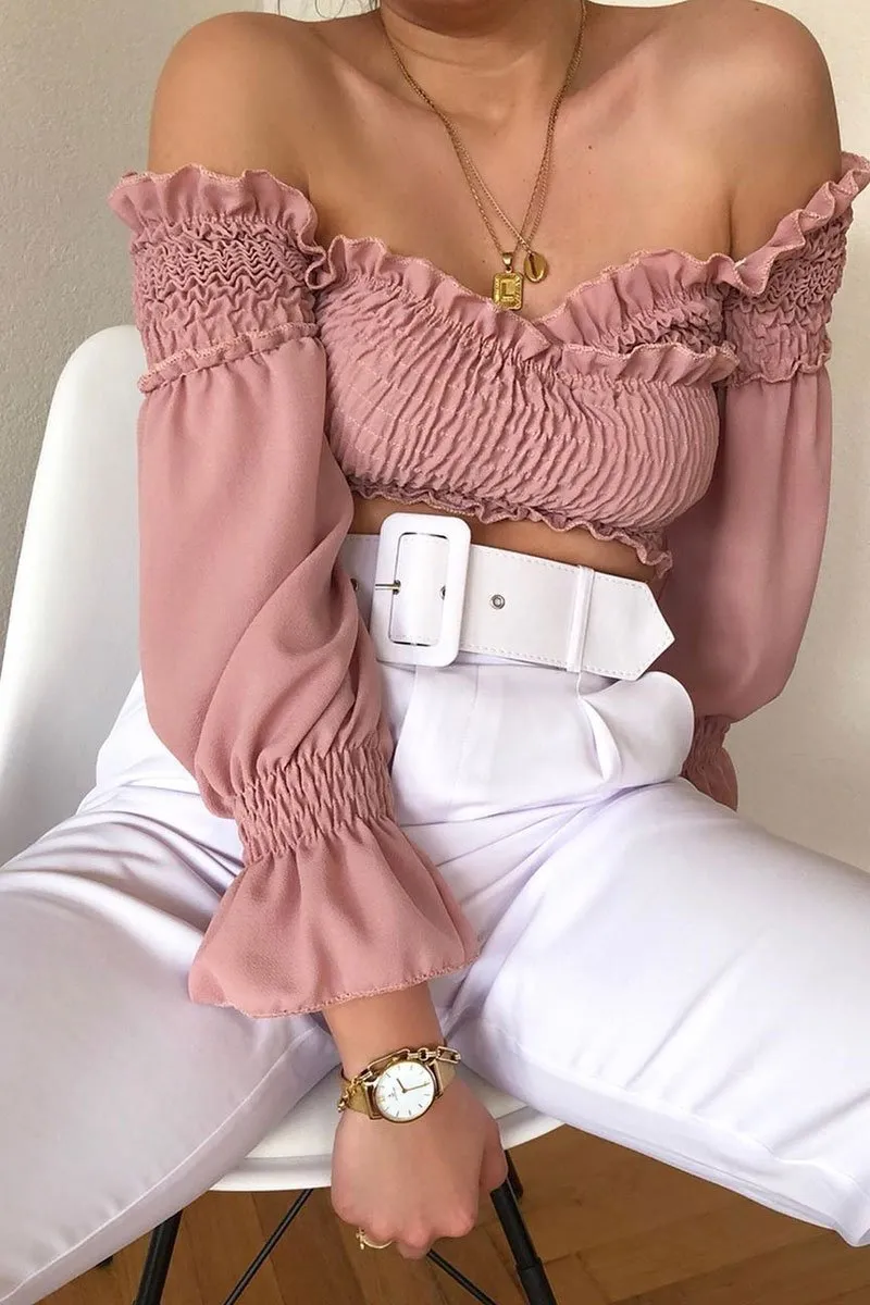 Pink Shirred Wrap Over Bardot Crop Top - Zuri