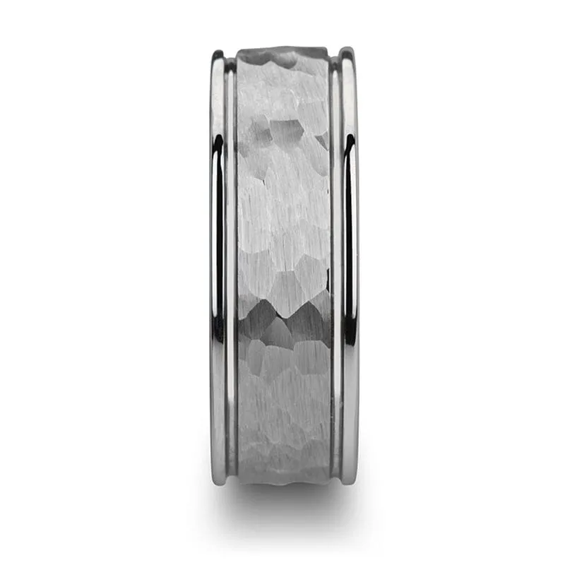 PLUTO Hammered Finish Center Tungsten Ring With Dual Offset Grooves 6mm - 8mm