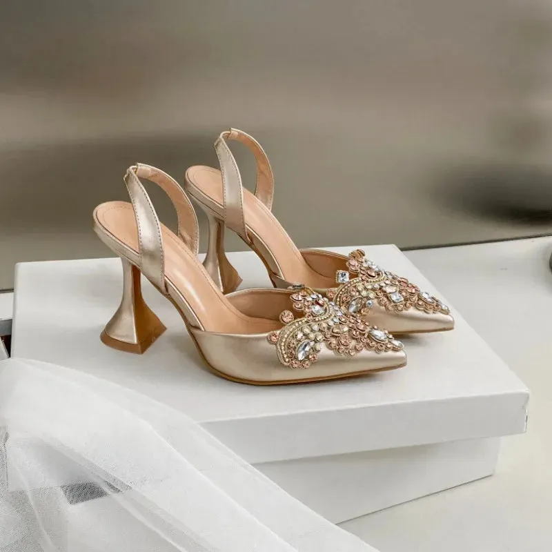 Pointed Rhinestone Wine Glass Heel Sandals