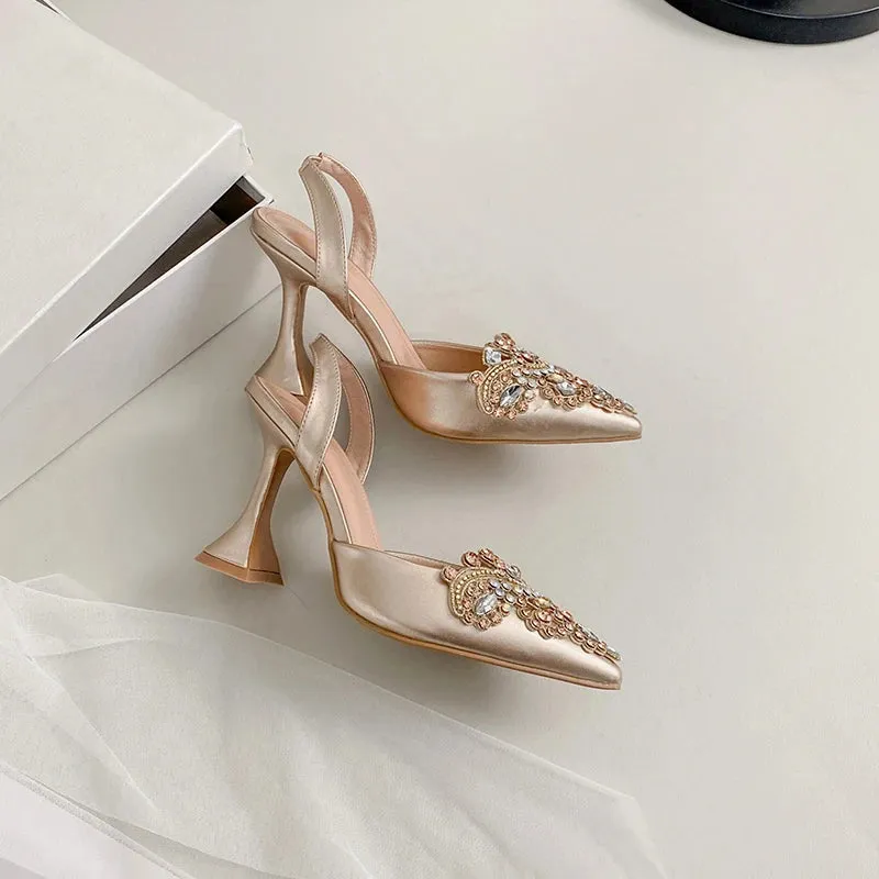 Pointed Rhinestone Wine Glass Heel Sandals