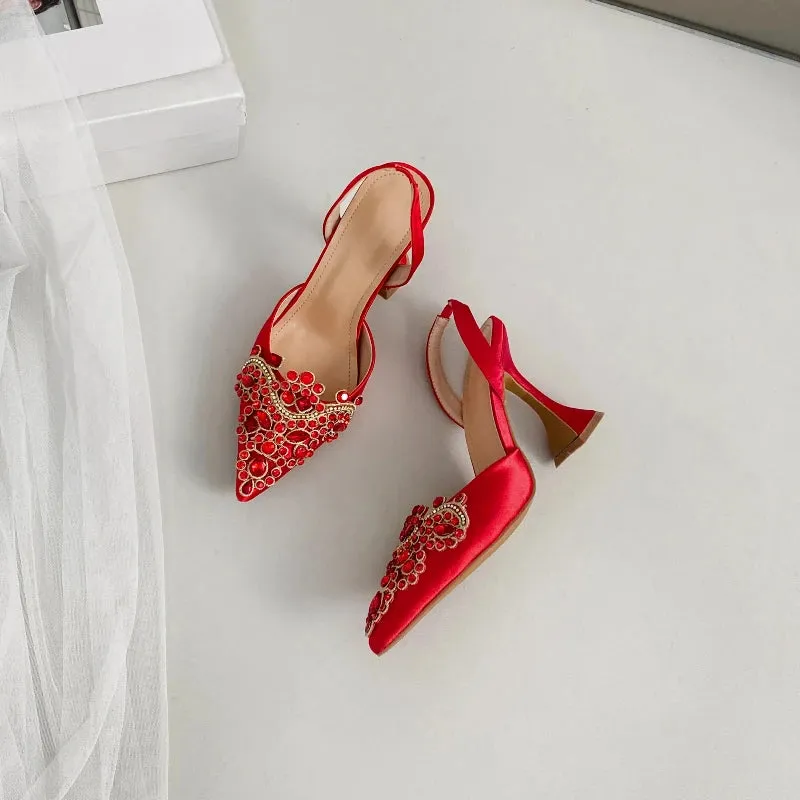 Pointed Rhinestone Wine Glass Heel Sandals